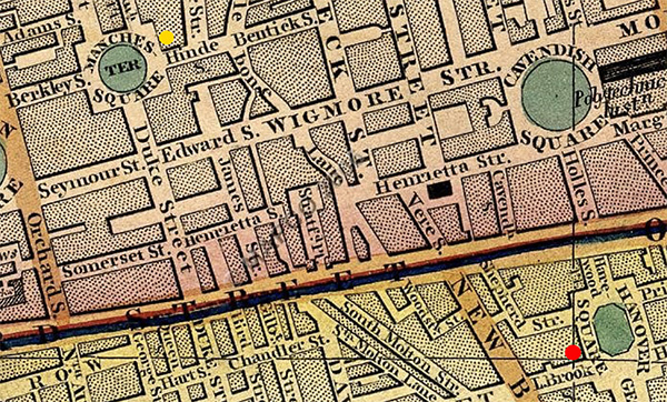 Case's 1850 map showing 25 Manchester Square and Hanover Square