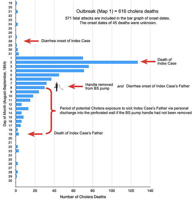 bar graph of Table 1, fatal attacks, by day, broad street pump outbreak