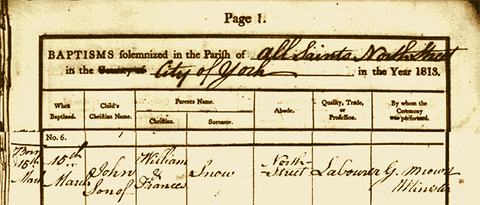 John Snow's Baptismal Record