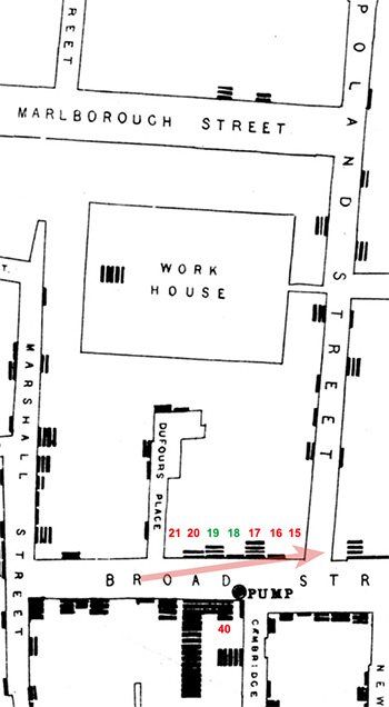 Map 1 cutout of streets showing 1830s-40s buildings