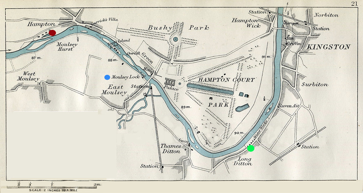 Map, locations of new Southwark and Vauxhall water works, Moulsey Lock, and new Lambeth water works