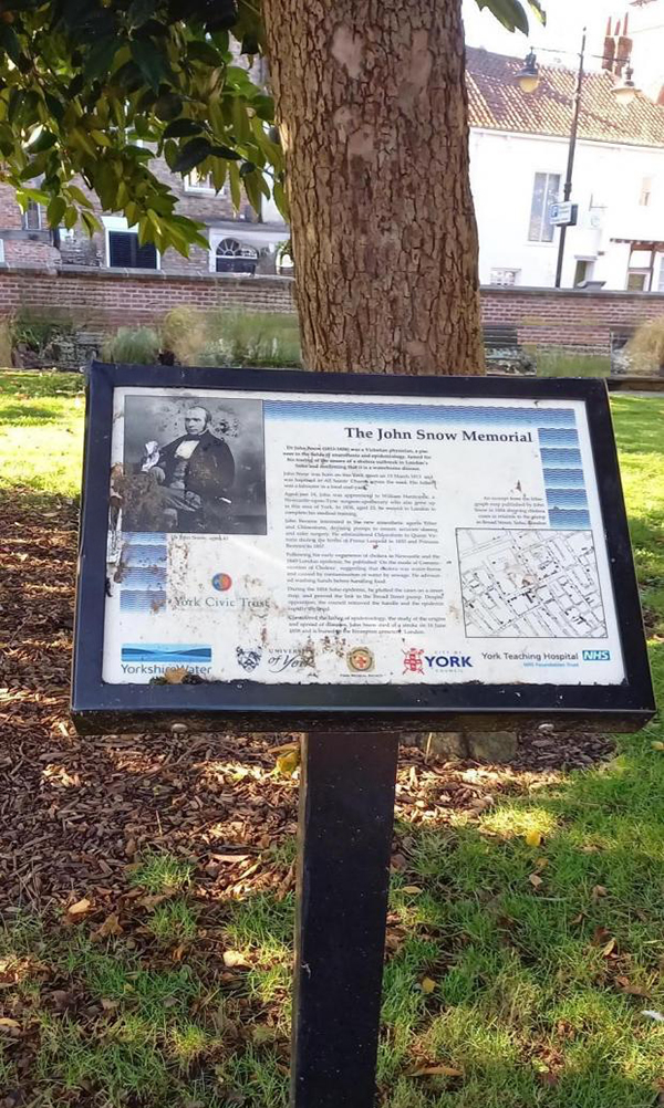 Sign of John Snow Memorial in York's North Street Gardens