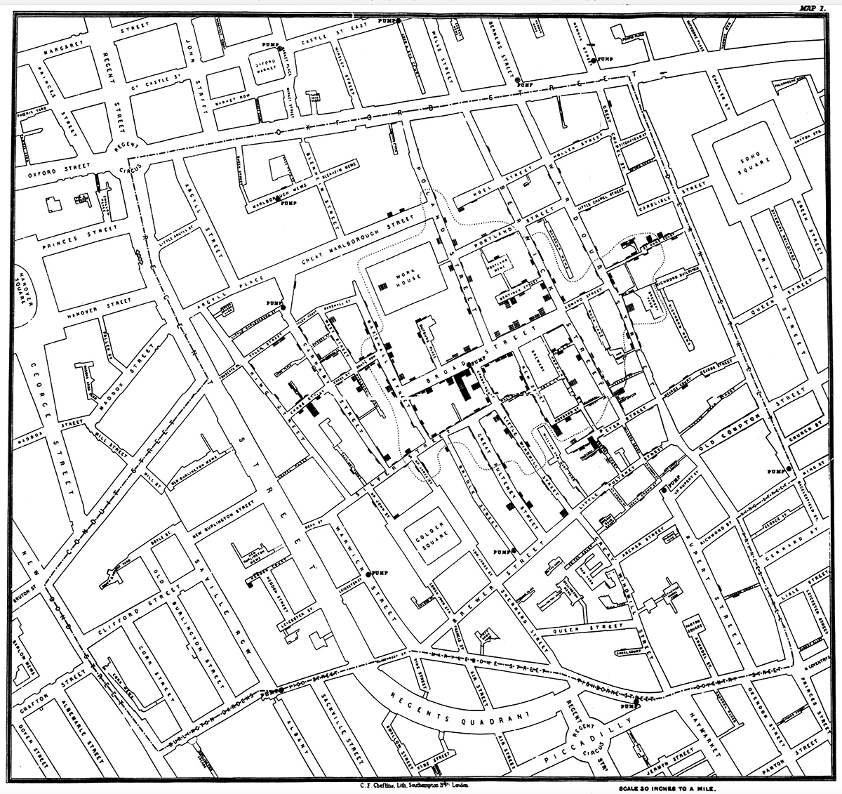 Map 1 with outer stippled line of Golden Square area and inner stippled line of Walking distance between the Broad Street Pump and rival pumps