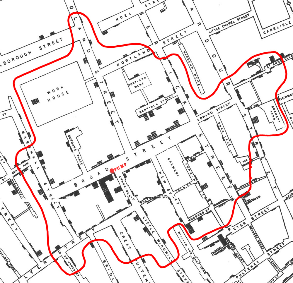 Snow's Voronoi lines drawn in red, Map 1