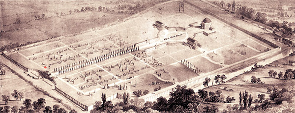 Brompton Cemetery in 1840, red dot Snow plot