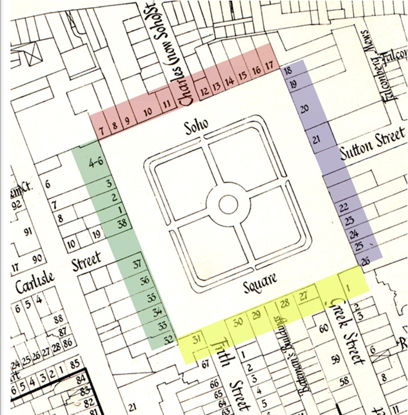map of building numbers in Soho Square