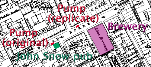 1870 map of Brewery, pump replica, pub and original locatlion of pump