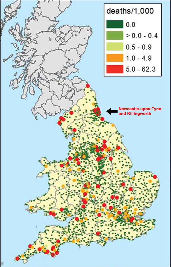 Cholera death rate map, England 1831-32