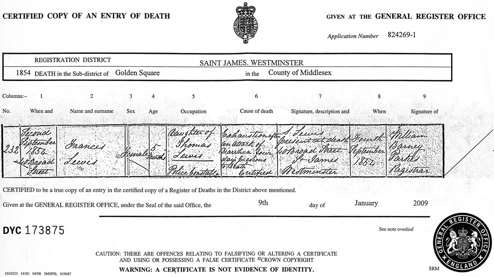Frances Lewis death certificate
