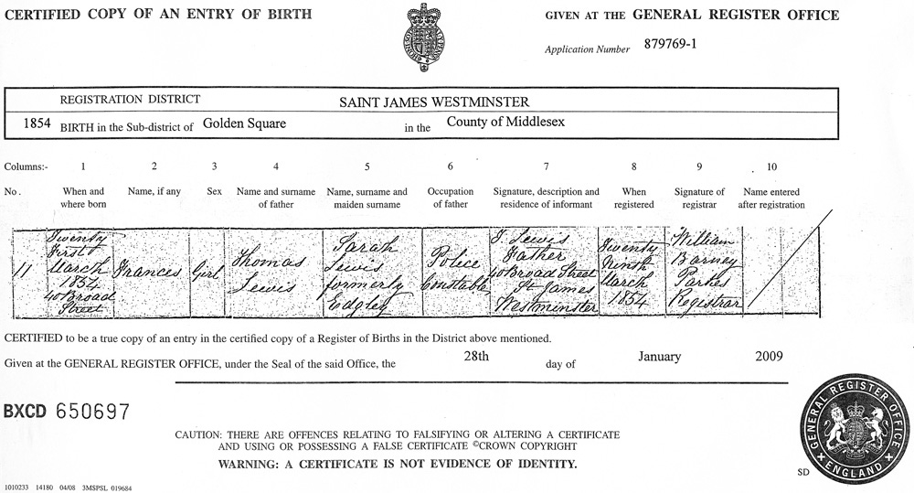 Brith centificate of Francis Lewis