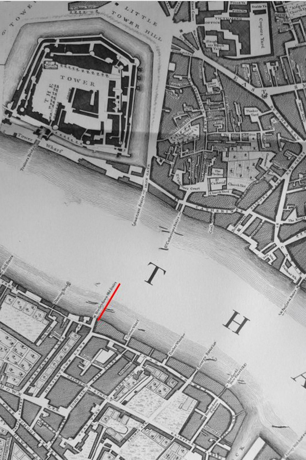 Horselydown dock extending into River Thames, map