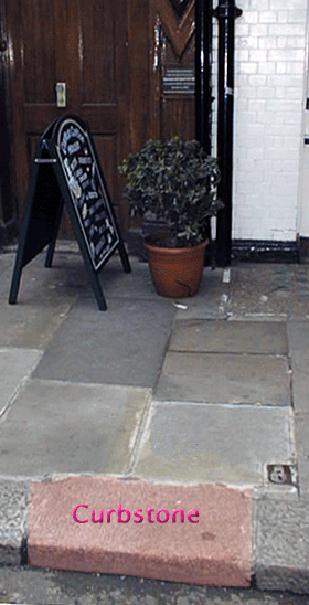 side door of pub with pink curbstone