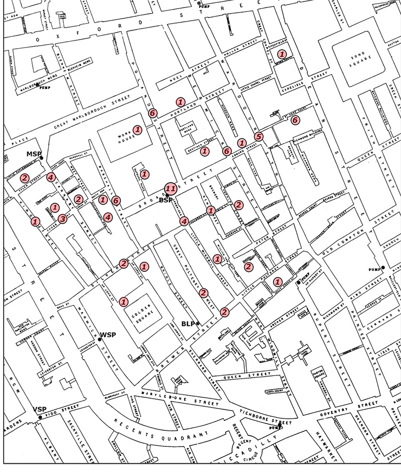 Loction of 83 daeths in Map 1 of John Snow