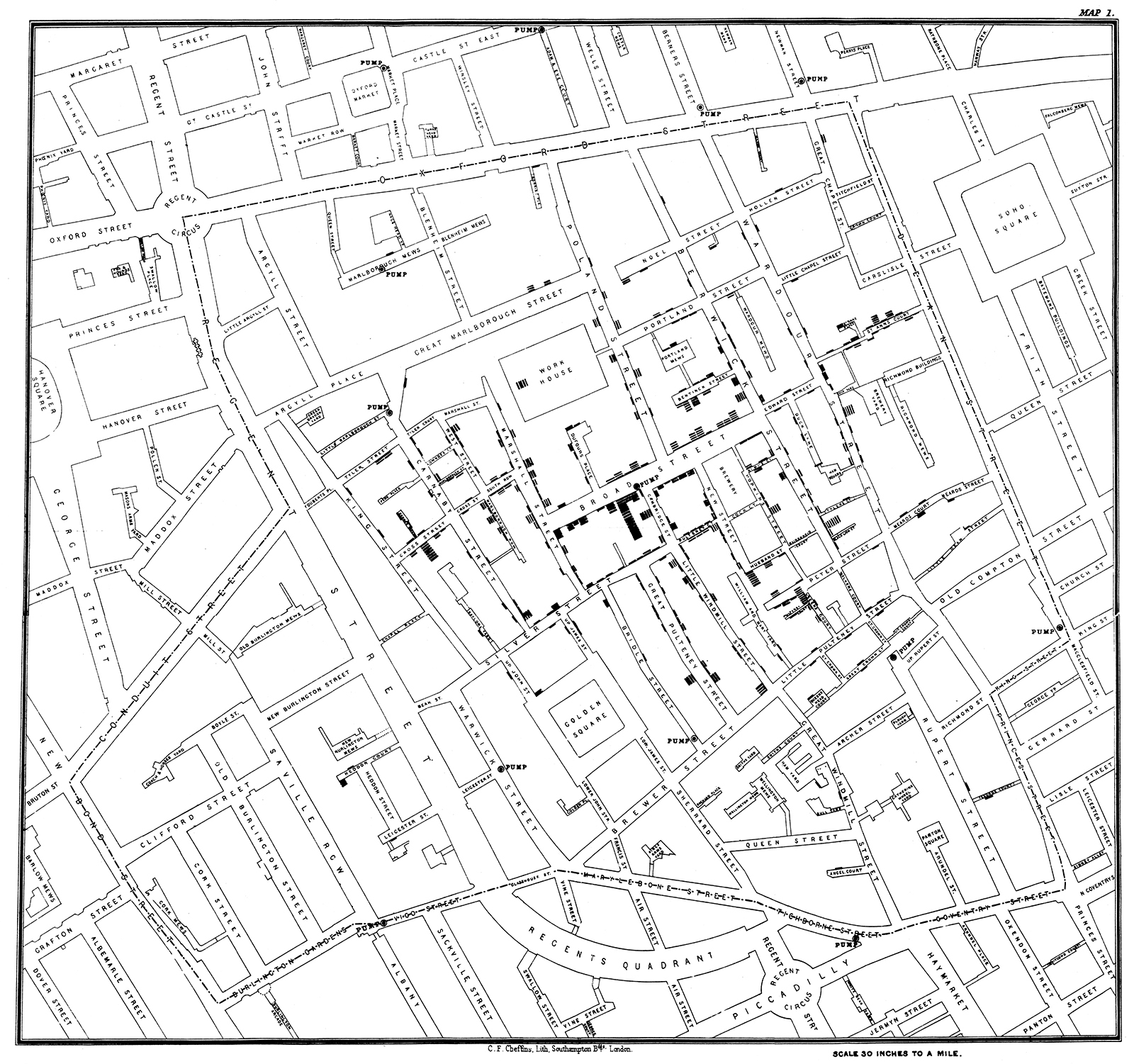 Map 1 of Broad Street Pump Outbreak