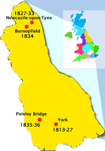 Map of Snow's apprenticeships and early medical education