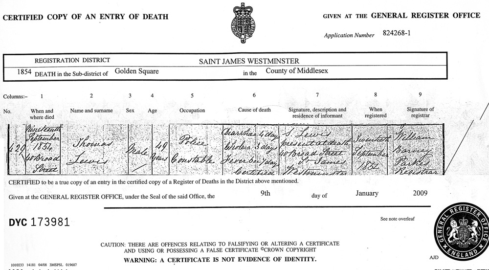 Death certificate of Thomas Lewis